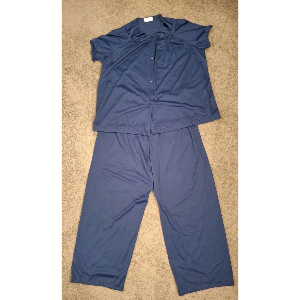 Vintage Vanity Fair Nylon Pajama Set Navy  Blue Short Sleeve Pants XL Granny